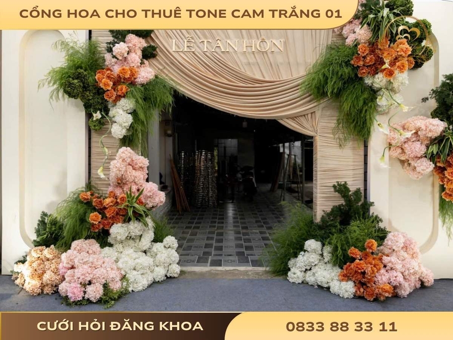Cổng hoa cho thuê tone cam trắng 01