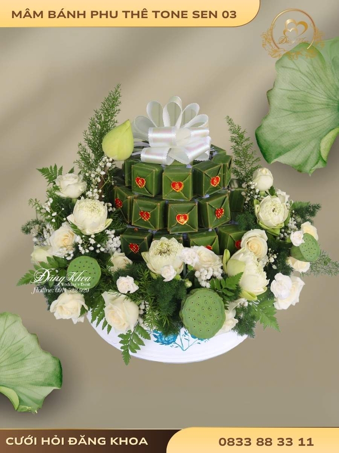 Mâm bánh phu thê & hoa tươi tone sen 03
