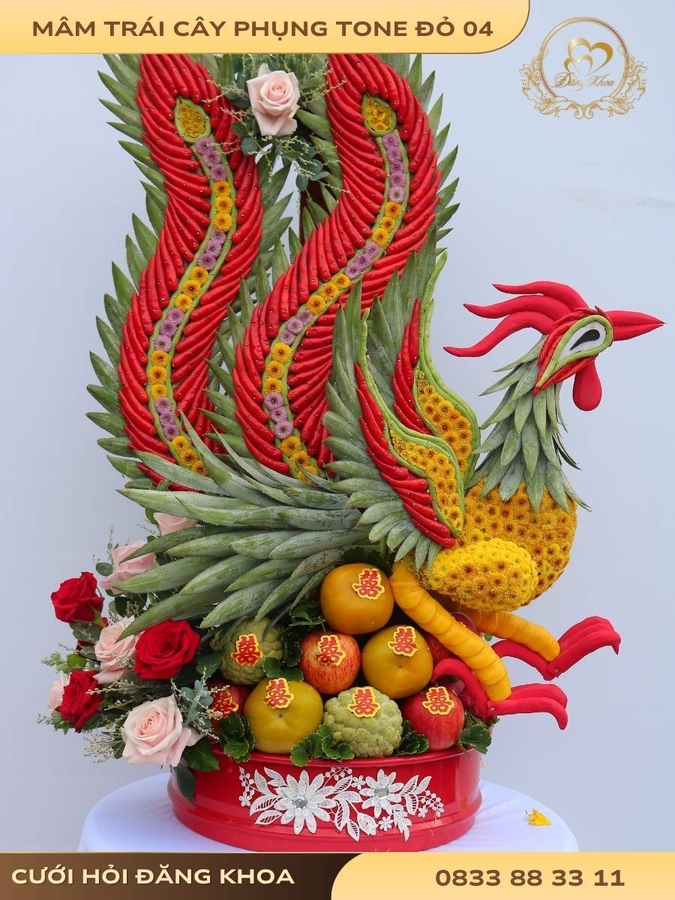 Mâm trái cây phụng & hoa tươi tone đỏ 04