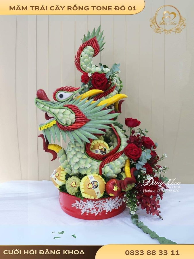 Mâm trái cây rồng & hoa tươi tone đỏ 01