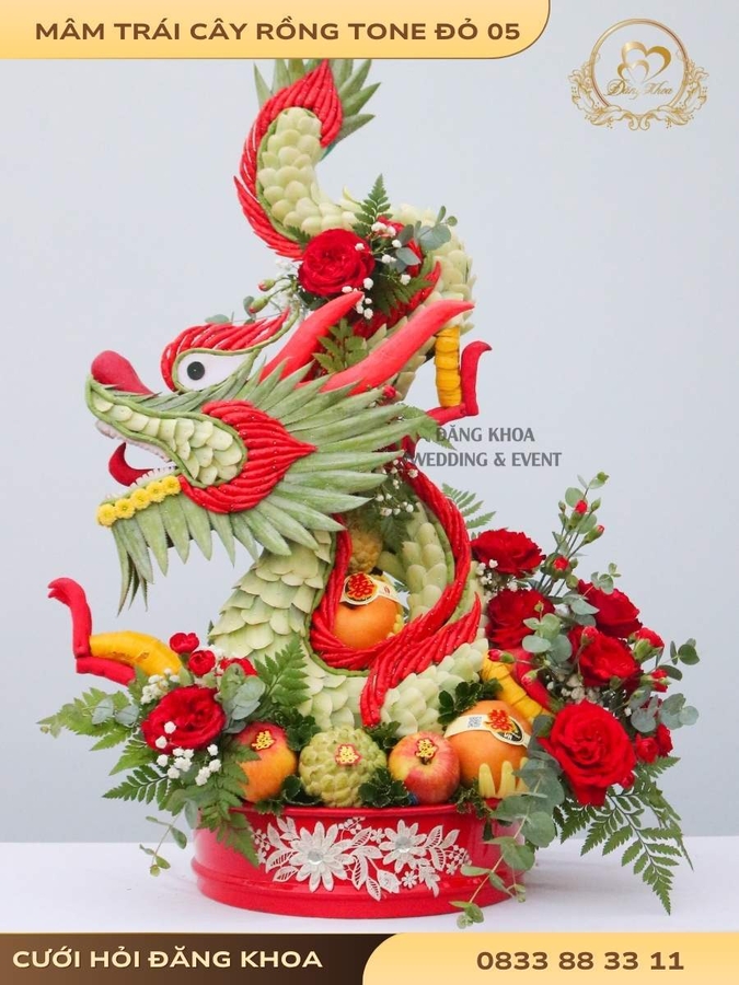 Mâm trái cây rồng & hoa tươi tone đỏ 05