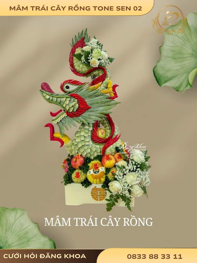 Mâm trái cây rồng & hoa tươi tone sen 02