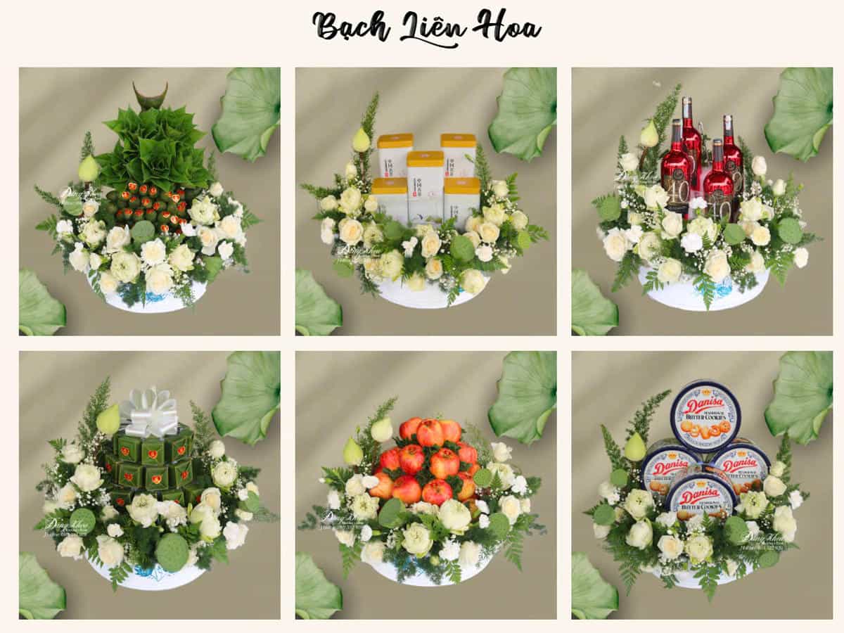 Mâm quả Bạch Liên Hoa tone sen.