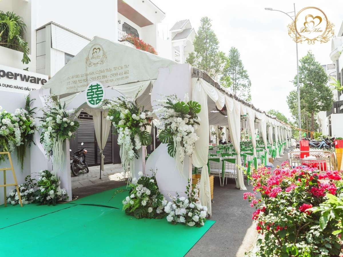 cưới hỏi đăng khoa - nhà khách rạp cưới tone trắng xanh