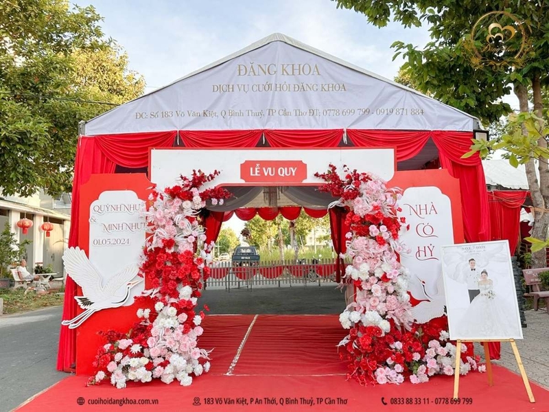 cưới hỏi đăng khoa - cổng hoa lễ vu quy tone đỏ hồng pastel