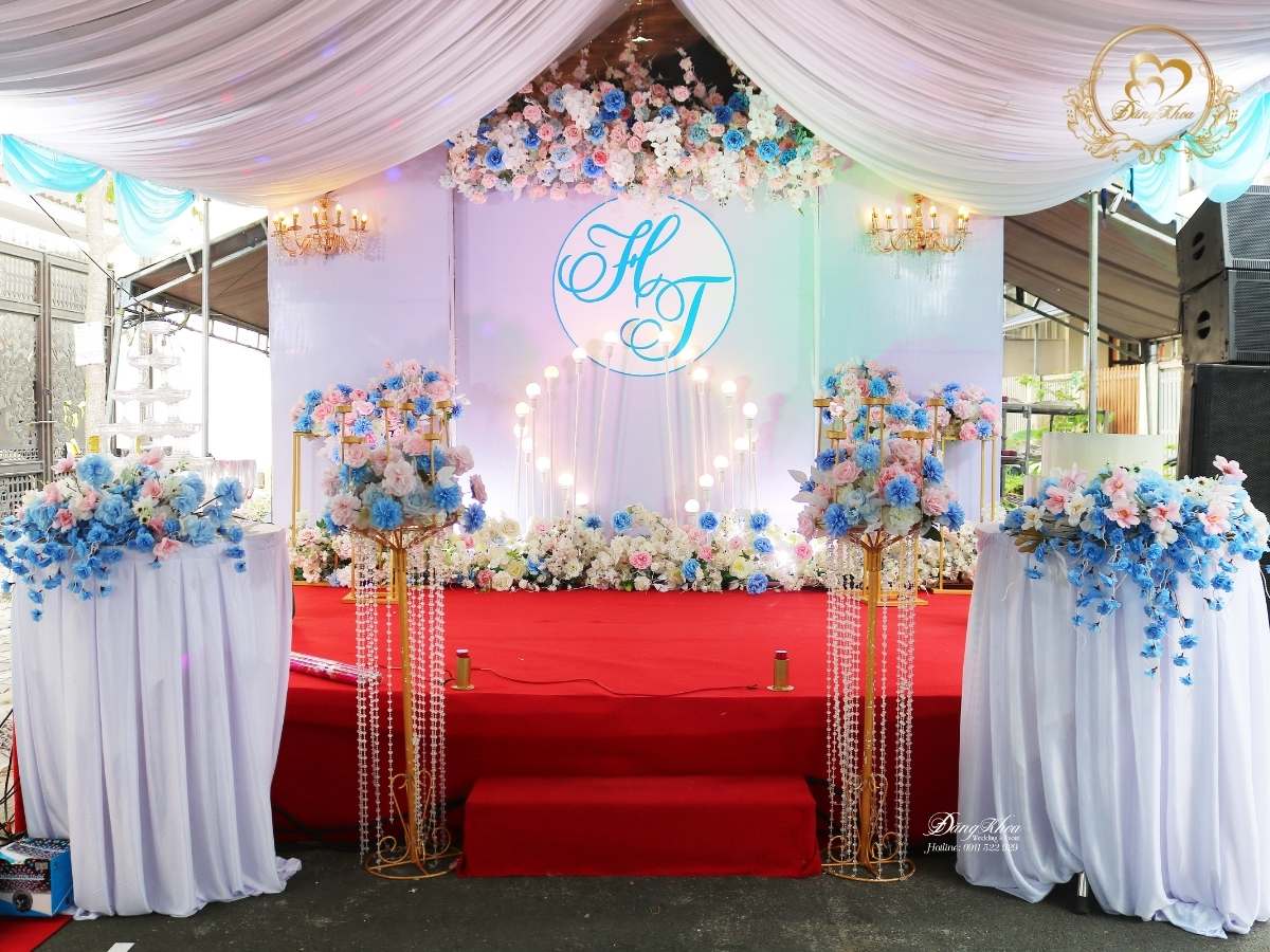 cưới hỏi đăng khoa - sân khấu tone xanh dương mix hồng pastel
