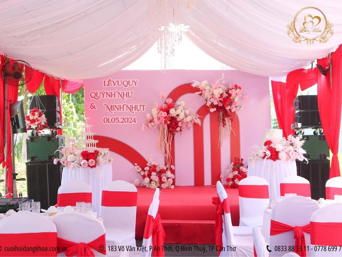 cưới hỏi đăng khoa - sân khấu tone đỏ hồng pastel
