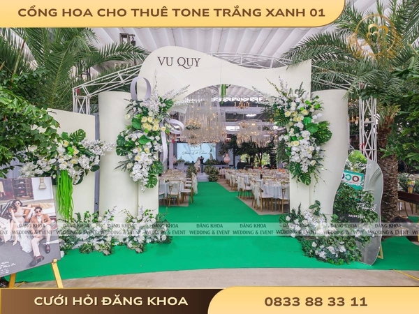 Cổng hoa cho thuê tone trắng xanh 01