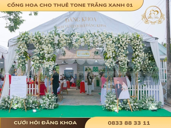 Cổng hoa cho thuê tone trắng xanh 01