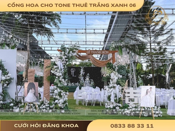 Cổng hoa cho thuê tone trắng xanh 06