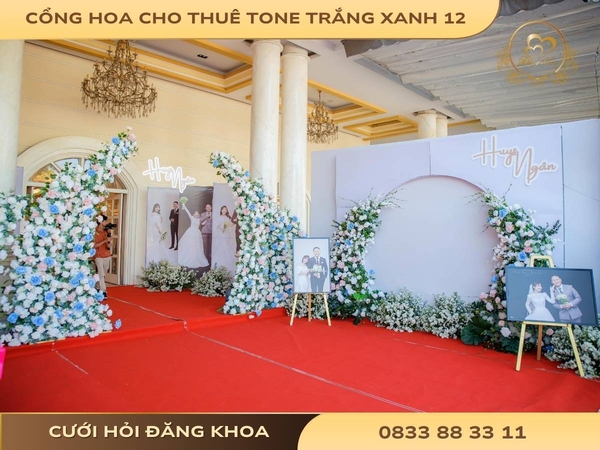 Cổng hoa cho thuê tone trắng xanh 12