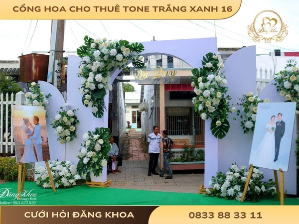 Cổng hoa cho thuê tone trắng xanh 16