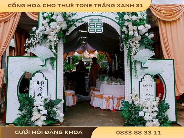 Cổng hoa cho thuê tone trắng xanh 31