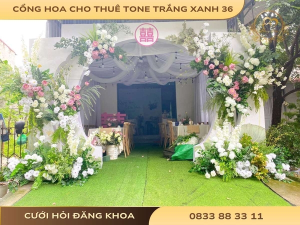 Cổng hoa cho thuê tone trắng xanh 36