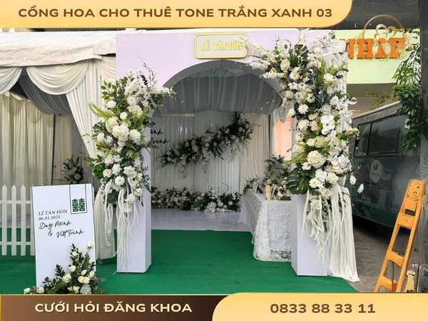 Cổng hoa cho thuê tone trắng xanh 03