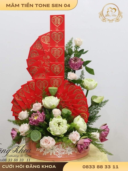 Mâm mâm tiền & hoa tươi tone sen 04