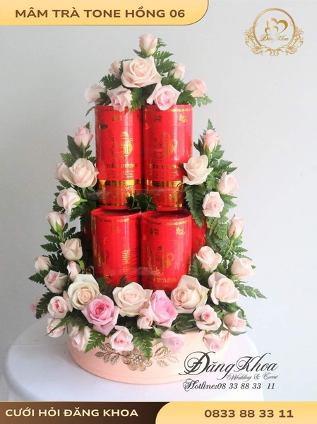 Mâm trà & hoa tươi tone hồng 06