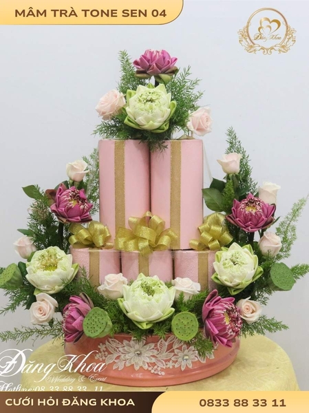 Mâm trà & hoa tươi tone sen 04