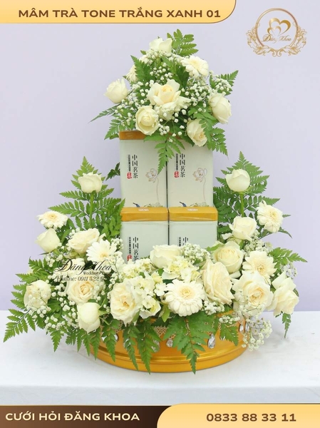 Mâm trà & hoa tươi tone trắng xanh 01