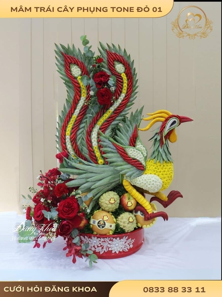 Mâm trái cây phụng & hoa tươi tone đỏ 01