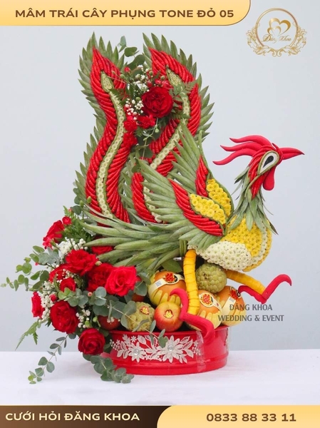 Mâm trái cây phụng & hoa tươi tone đỏ 05
