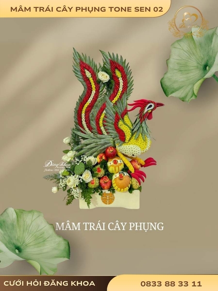 Mâm trái cây phụng & hoa tươi tone sen 02