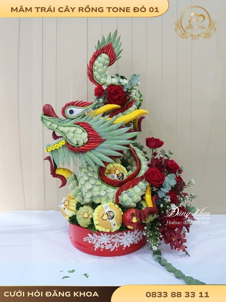 Mâm trái cây rồng & hoa tươi tone đỏ 01