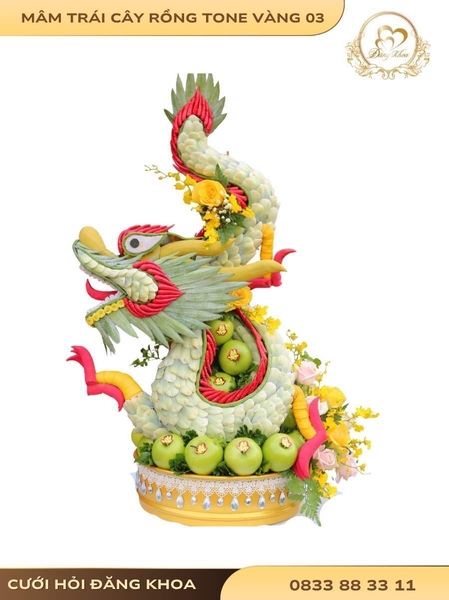 Mâm trái cây rồng & hoa tươi tone vàng 03