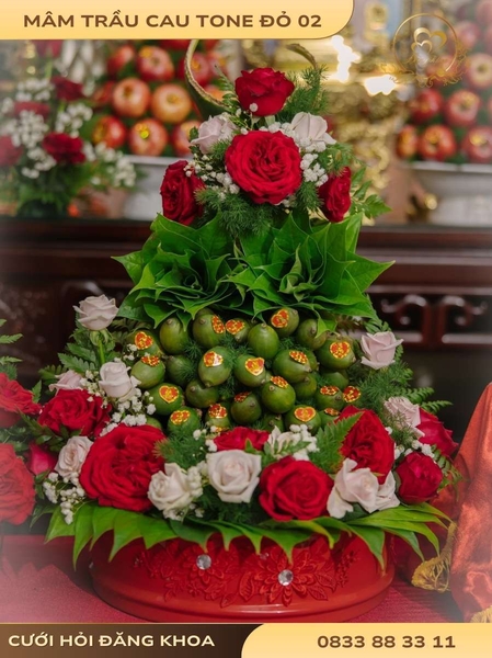 Mâm trầu cau & hoa tươi tone đỏ 02