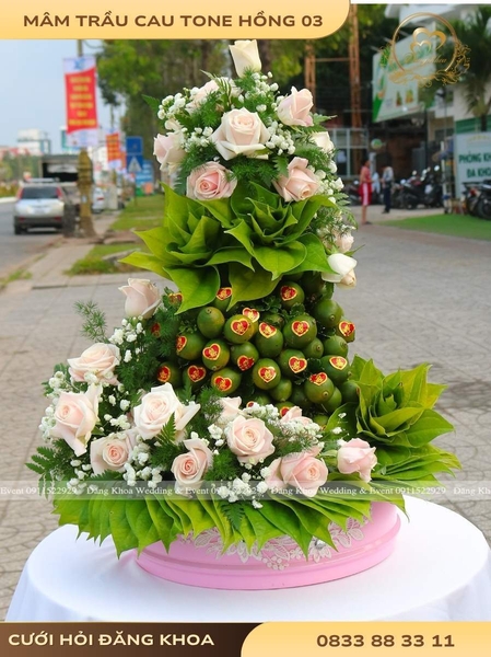 Mâm trầu cau & hoa tươi tone hồng 03