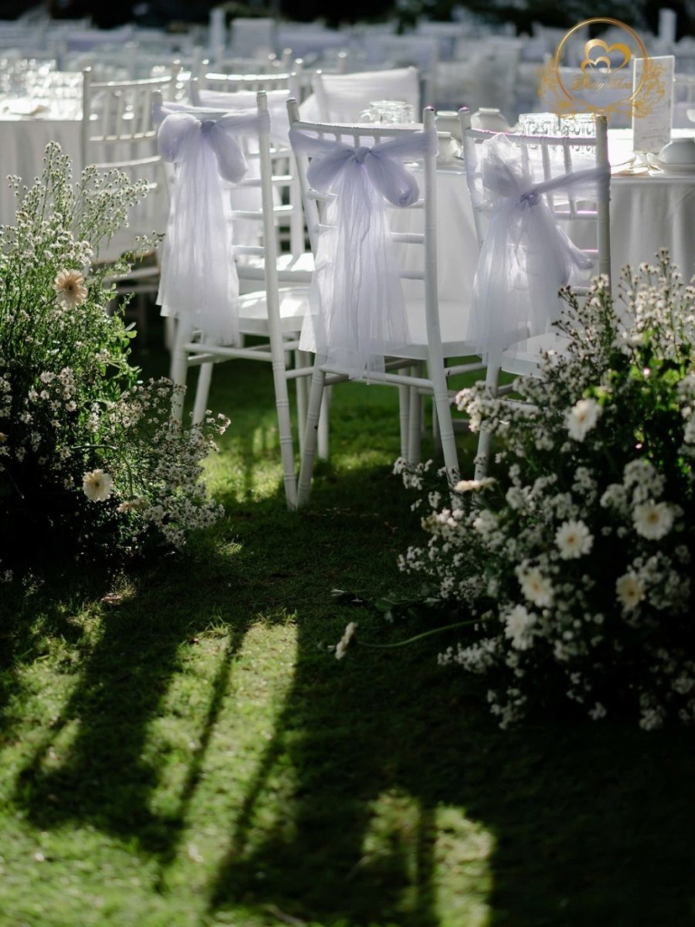 Trang trí ghế Tiffany tiệc cưới ngoài trời: Nơ voan trắng và hoa thạch thảo