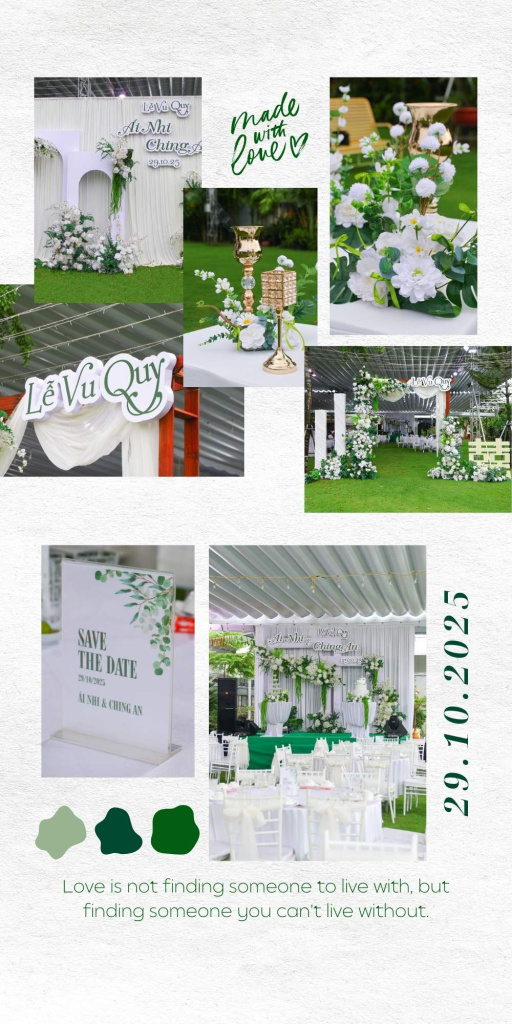 Tổng hợp trang trí tiệc cưới ngoài trời tone trắng xanh lá 